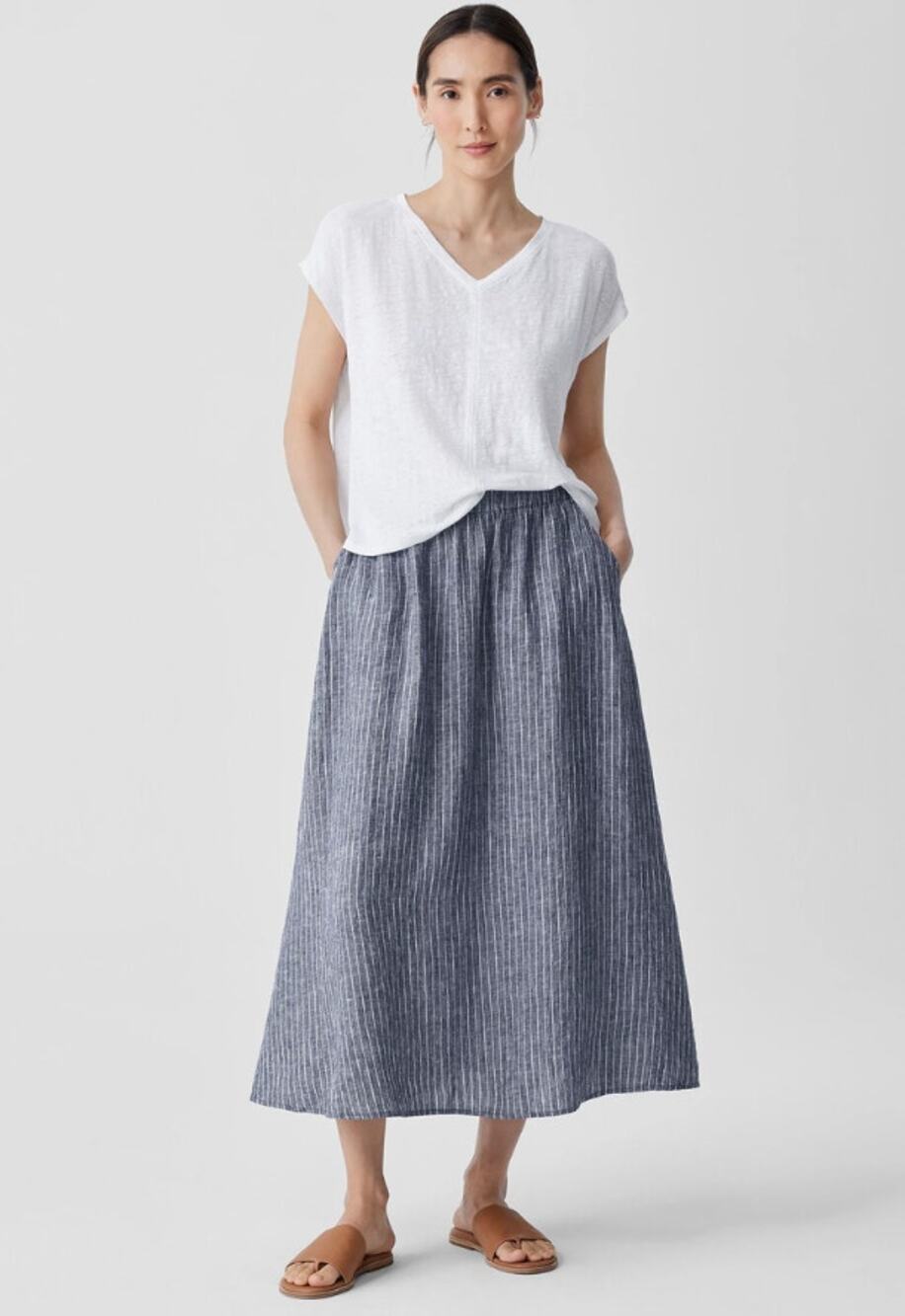Eileen Fisher Womens Puckered Organic Linen Pocket Skirt Large Blue Pinstripe - Picture 1 of 6